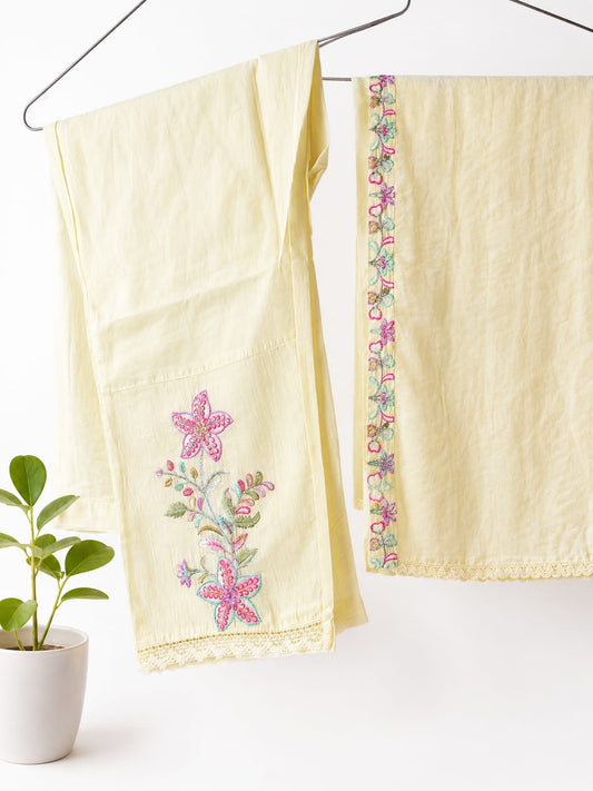 Elegant Pastel Lemon Mul Cotton Kurta Set with Floral Embroidery Detailing
