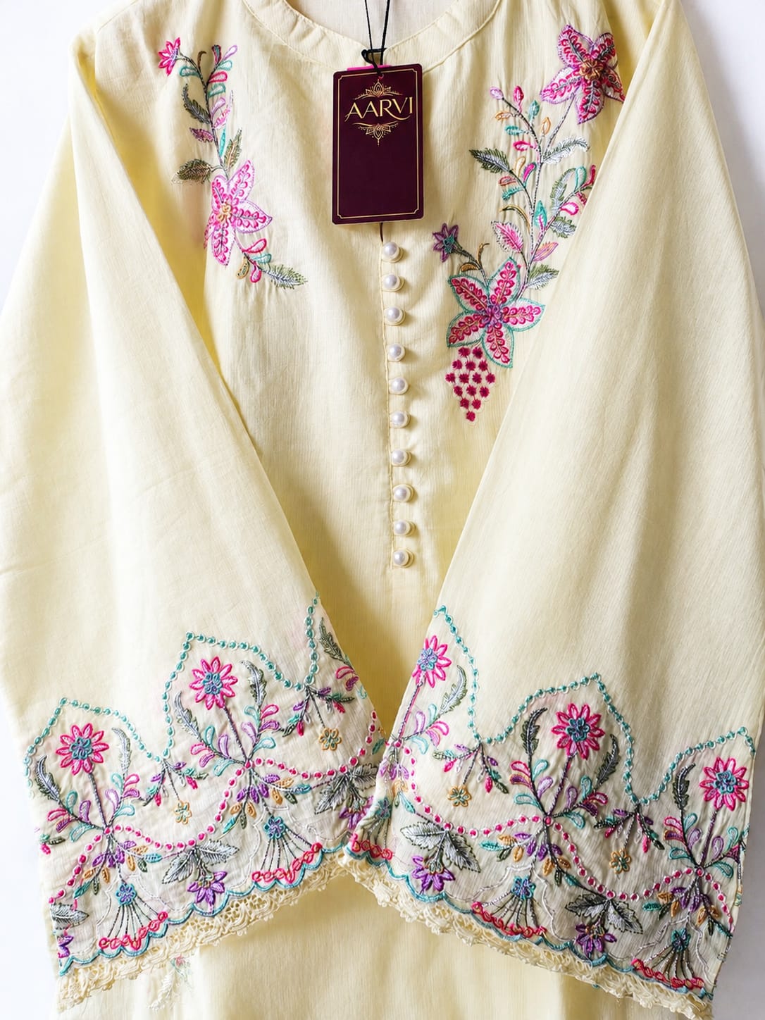 Elegant Pastel Lemon Mul Cotton Kurta Set with Floral Embroidery Detailing