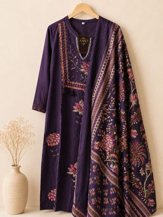 Elegant Royal Purple Printed Kurta Set with Traditional Dupatta
