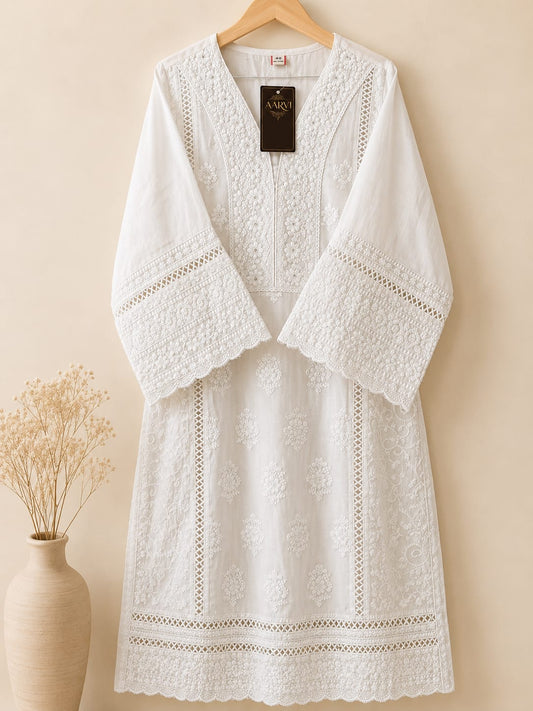 Elegant White Chikankari Kurta Set with Intricate Embroidery Detailing