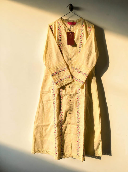 Lemon Yellow Embroidered Cotton Kurta for Women – Elegant Ethnic Wear