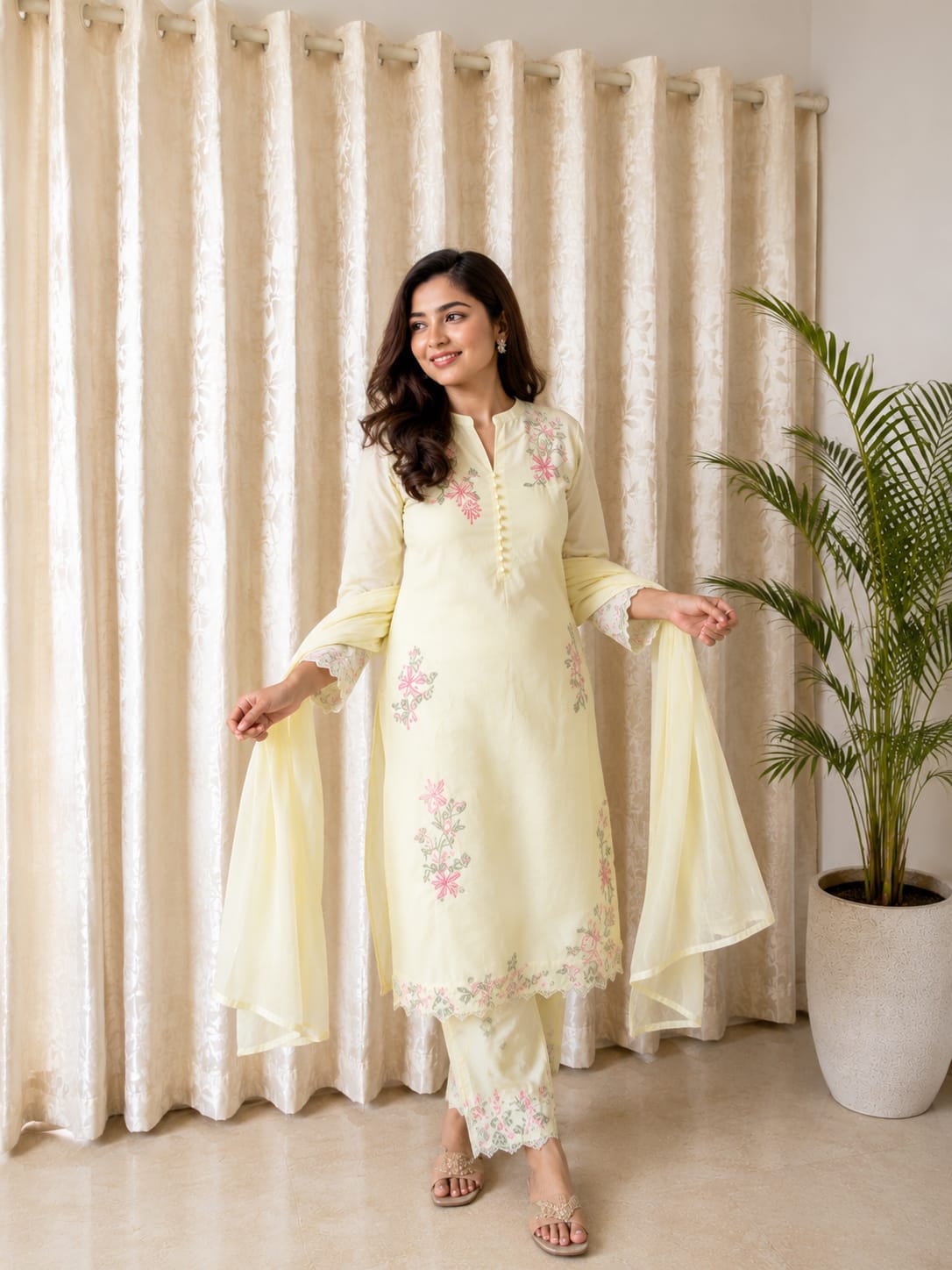 Elegant Pastel Lemon Mul Cotton Kurta Set with Floral Embroidery Detailing