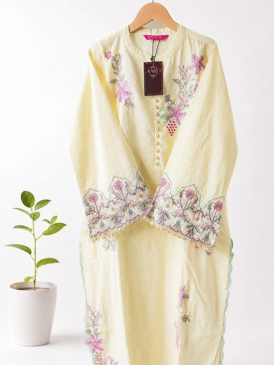 Elegant Pastel Lemon Mul Cotton Kurta Set with Floral Embroidery Detailing